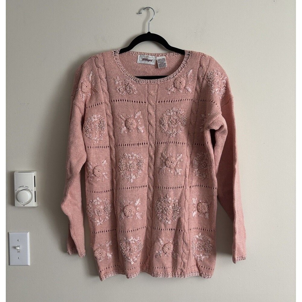 VTG 90s 2000s Y2K Worthington XL Knit Sweater Coquette Floral Shabby Chic Pink‎
